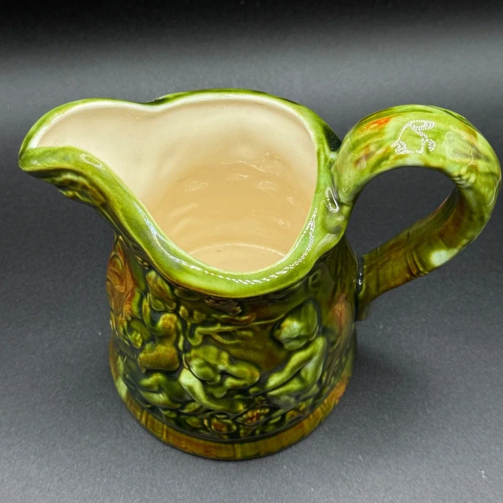 Vintage Norton VA Majolica Cherub Relief Ceramic Pitcher Creamer Jug Cottagecore